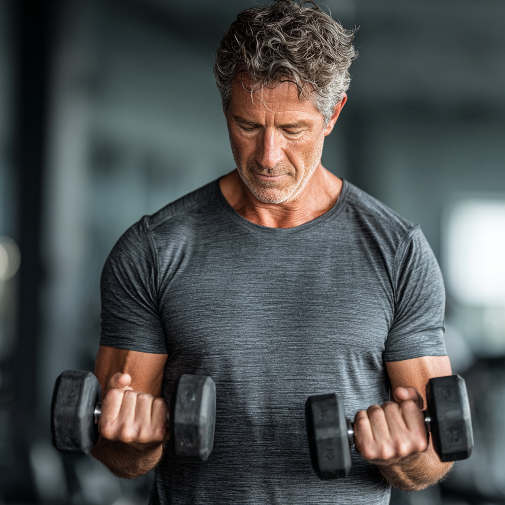 Mature adult man in his 50s performing strength training exercises with dumbbells in a modern gym setting, showing proper form and dedication to fitness
