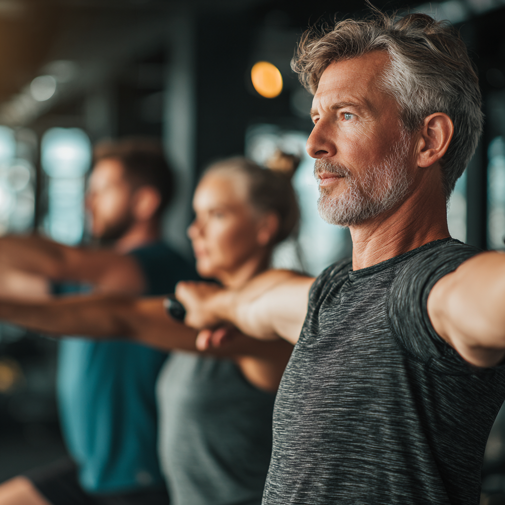 Professional fitness instructor in her 40s demonstrating proper exercise technique to a group of mature adults in a bright, modern gym environment